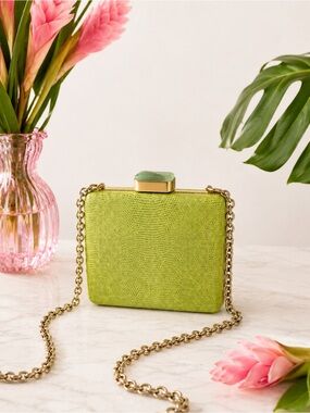 Alexandra Clancy Lime Green Lizard Leather Clutch – Gemstone Box Bag w Chain